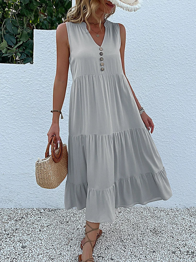 JIM & NORA  Sleeveless Tank V Neck Buttons Ruffle Loose Beach Solid Sun Midi Dress Mssaz Desses