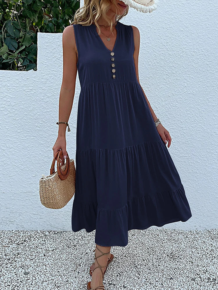 JIM & NORA  Sleeveless Tank V Neck Buttons Ruffle Loose Beach Solid Sun Midi Dress Mssaz Desses
