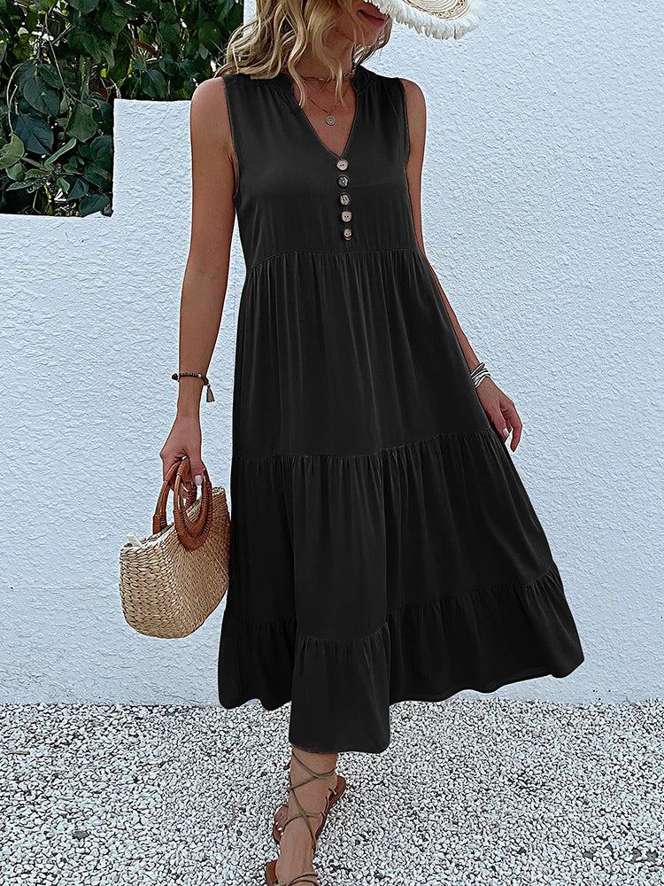 JIM & NORA  Sleeveless Tank V Neck Buttons Ruffle Loose Beach Solid Sun Midi Dress Mssaz Desses