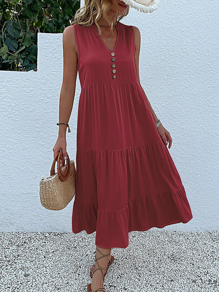 JIM & NORA  Sleeveless Tank V Neck Buttons Ruffle Loose Beach Solid Sun Midi Dress Mssaz Desses