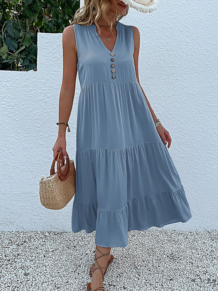 JIM & NORA  Sleeveless Tank V Neck Buttons Ruffle Loose Beach Solid Sun Midi Dress Mssaz Desses