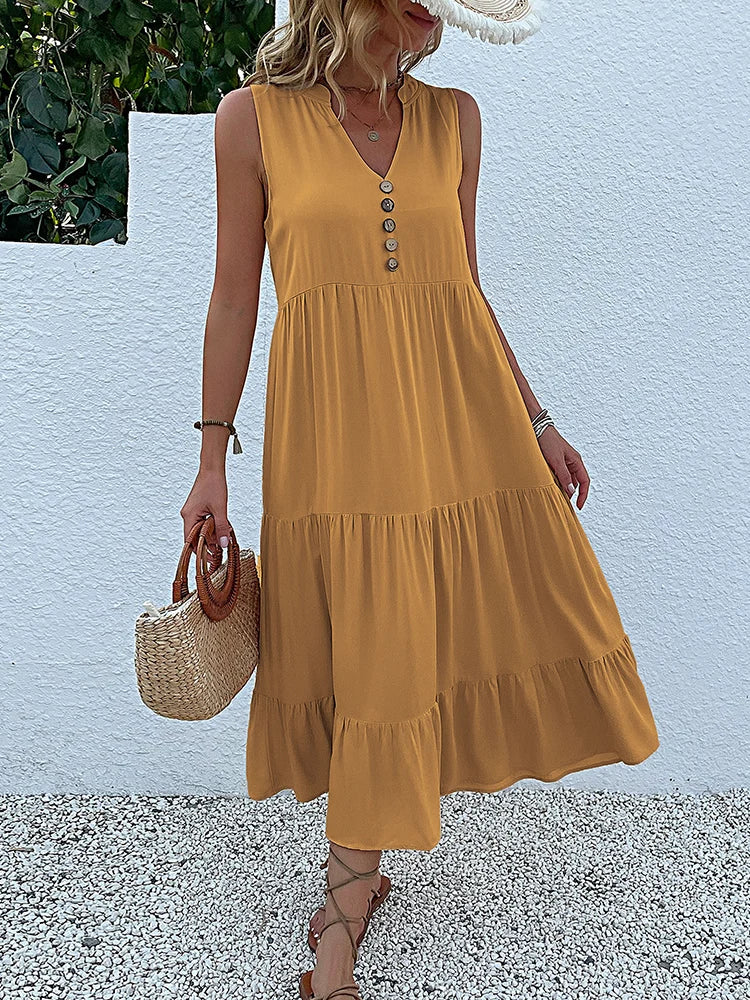 JIM & NORA  Sleeveless Tank V Neck Buttons Ruffle Loose Beach Solid Sun Midi Dress Mssaz Desses