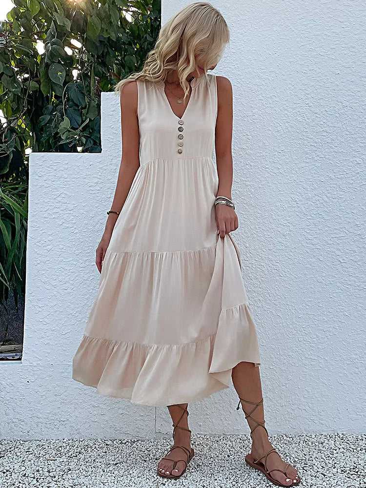 JIM & NORA  Sleeveless Tank V Neck Buttons Ruffle Loose Beach Solid Sun Midi Dress Mssaz Desses