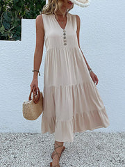 JIM & NORA  Sleeveless Tank V Neck Buttons Ruffle Loose Beach Solid Sun Midi Dress Mssaz Desses