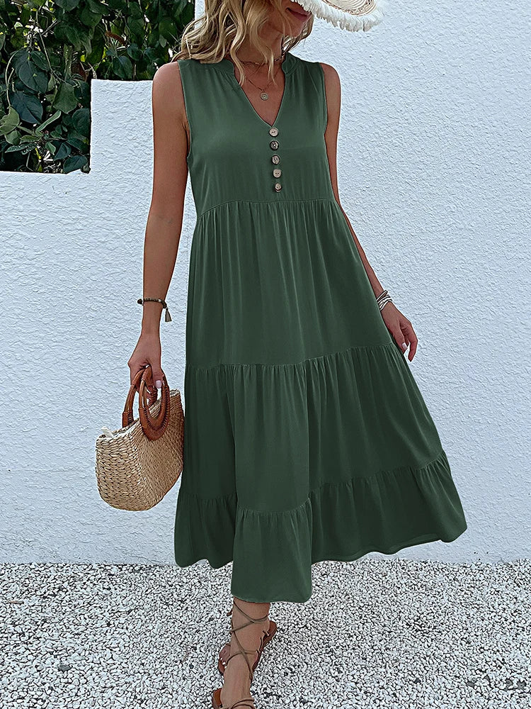 JIM & NORA  Sleeveless Tank V Neck Buttons Ruffle Loose Beach Solid Sun Midi Dress Mssaz Desses