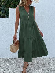 JIM & NORA  Sleeveless Tank V Neck Buttons Ruffle Loose Beach Solid Sun Midi Dress Mssaz Desses