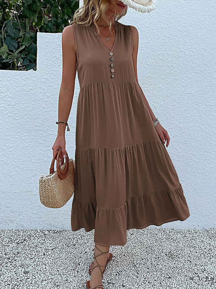 JIM & NORA  Sleeveless Tank V Neck Buttons Ruffle Loose Beach Solid Sun Midi Dress Mssaz Desses
