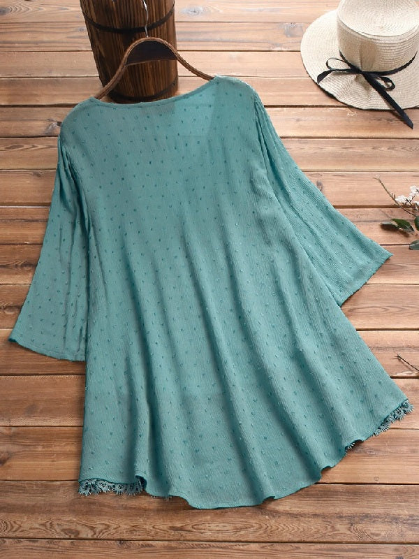 Jacquard Pleated Lace Hollow Out V-neck Plus Size Blouse Mssza