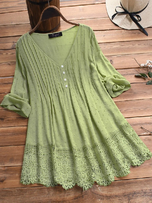 Jacquard Pleated Lace Hollow Out V-neck Plus Size Blouse Mssza
