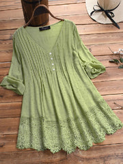 Jacquard Pleated Lace Hollow Out V-neck Plus Size Blouse Mssza