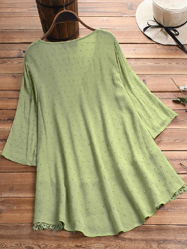 Jacquard Pleated Lace Hollow Out V-neck Plus Size Blouse Mssza
