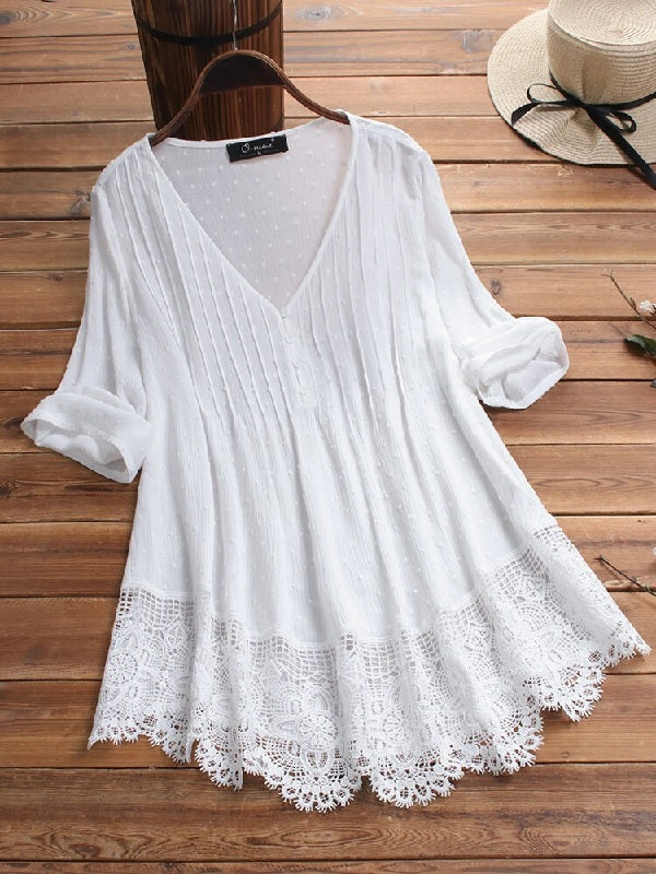 Jacquard Pleated Lace Hollow Out V-neck Plus Size Blouse Mssza