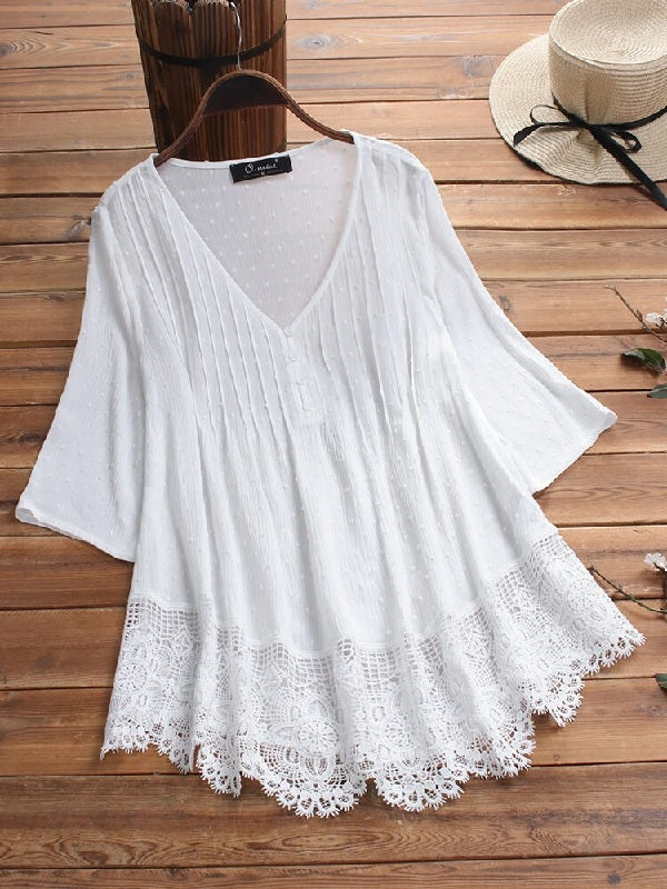 Jacquard Pleated Lace Hollow Out V-neck Plus Size Blouse Mssza