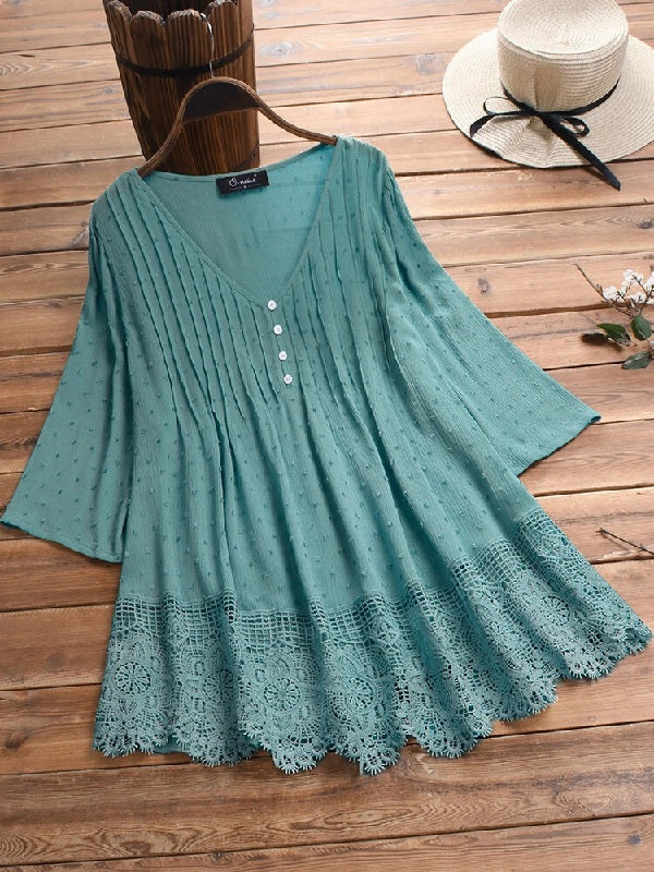 Jacquard Pleated Lace Hollow Out V-neck Plus Size Blouse Mssza