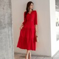 Cotton Patchwork Lace Dresses V-Neck Lantern Sleeve Maxi Dress Mssaz Desses