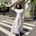 Cotton Patchwork Lace Dresses V-Neck Lantern Sleeve Maxi Dress Mssaz Desses