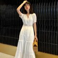 Cotton Patchwork Lace Dresses V-Neck Lantern Sleeve Maxi Dress Mssaz Desses