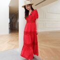 Cotton Patchwork Lace Dresses V-Neck Lantern Sleeve Maxi Dress Mssaz Desses
