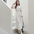 Cotton Patchwork Lace Dresses V-Neck Lantern Sleeve Maxi Dress Mssaz Desses