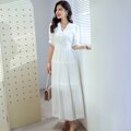 Cotton Patchwork Lace Dresses V-Neck Lantern Sleeve Maxi Dress Mssaz Desses
