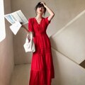 Cotton Patchwork Lace Dresses V-Neck Lantern Sleeve Maxi Dress Mssaz Desses