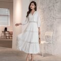 Cotton Patchwork Lace Dresses V-Neck Lantern Sleeve Maxi Dress Mssaz Desses