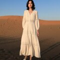Cotton Patchwork Lace Dresses V-Neck Lantern Sleeve Maxi Dress Mssaz Desses
