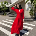 Cotton Patchwork Lace Dresses V-Neck Lantern Sleeve Maxi Dress Mssaz Desses