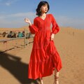 Cotton Patchwork Lace Dresses V-Neck Lantern Sleeve Maxi Dress Mssaz Desses