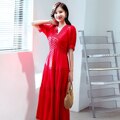 Cotton Patchwork Lace Dresses V-Neck Lantern Sleeve Maxi Dress Mssaz Desses