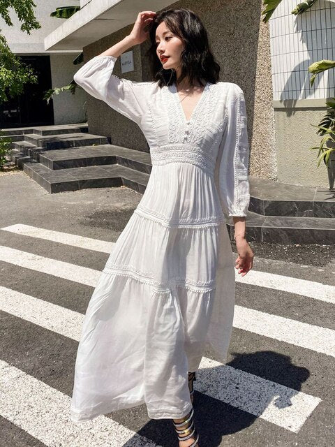 Cotton Patchwork Lace Dresses V-Neck Lantern Sleeve Maxi Dress Mssaz Desses