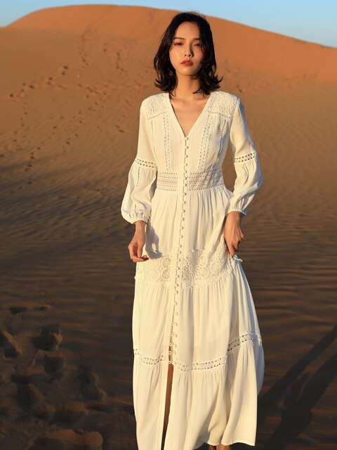 Cotton Patchwork Lace Dresses V-Neck Lantern Sleeve Maxi Dress Mssaz Desses