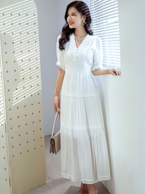 Cotton Patchwork Lace Dresses V-Neck Lantern Sleeve Maxi Dress Mssaz Desses