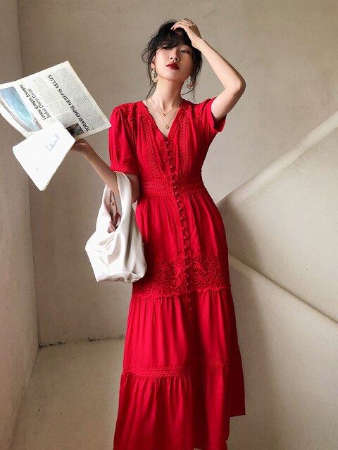 Cotton Patchwork Lace Dresses V-Neck Lantern Sleeve Maxi Dress Mssaz Desses