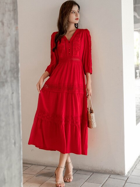 Cotton Patchwork Lace Dresses V-Neck Lantern Sleeve Maxi Dress Mssaz Desses
