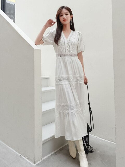 Cotton Patchwork Lace Dresses V-Neck Lantern Sleeve Maxi Dress Mssaz Desses