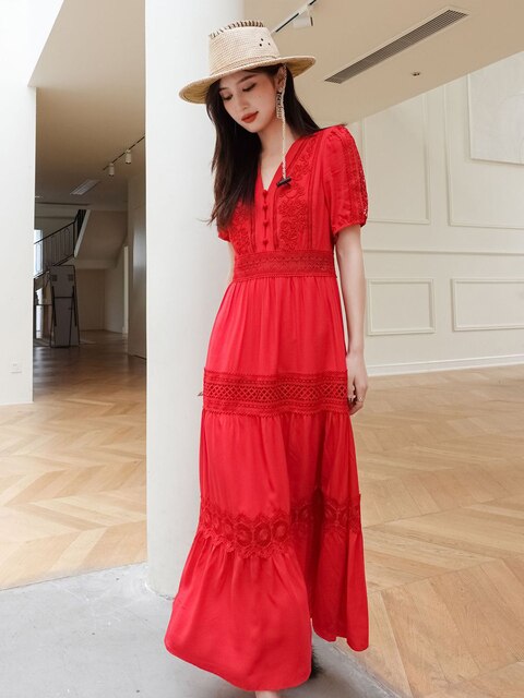 Cotton Patchwork Lace Dresses V-Neck Lantern Sleeve Maxi Dress Mssaz Desses