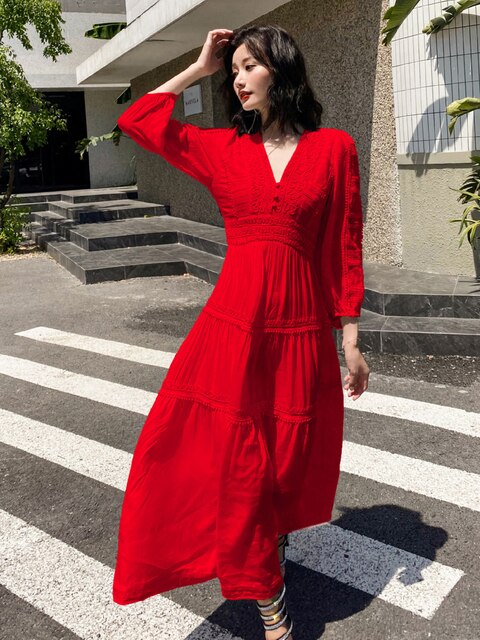 Cotton Patchwork Lace Dresses V-Neck Lantern Sleeve Maxi Dress Mssaz Desses