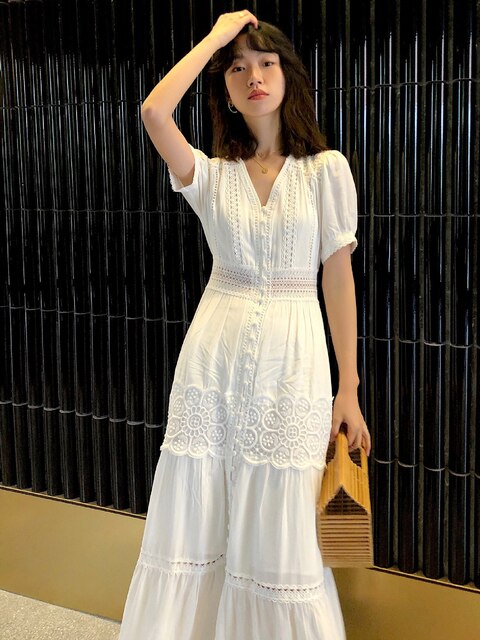 Cotton Patchwork Lace Dresses V-Neck Lantern Sleeve Maxi Dress Mssaz Desses