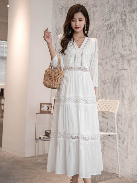 Cotton Patchwork Lace Dresses V-Neck Lantern Sleeve Maxi Dress Mssaz Desses