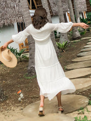 Cotton Patchwork Lace Dresses V-Neck Lantern Sleeve Maxi Dress Mssaz Desses