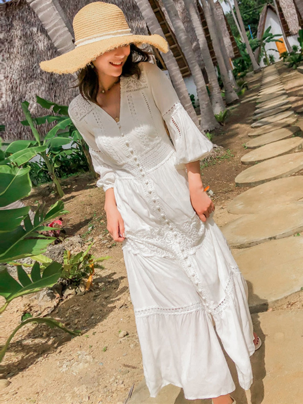 Cotton Patchwork Lace Dresses V-Neck Lantern Sleeve Maxi Dress Mssaz Desses