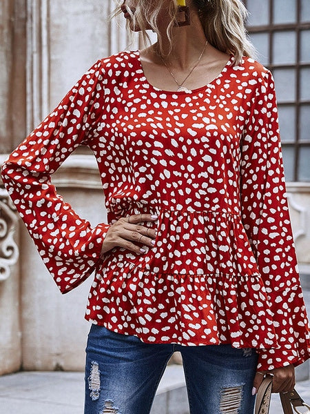 Jewel Neck Casual Printed Pleated Long Sleeve Tops Mssza
