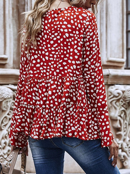 Jewel Neck Casual Printed Pleated Long Sleeve Tops Mssza