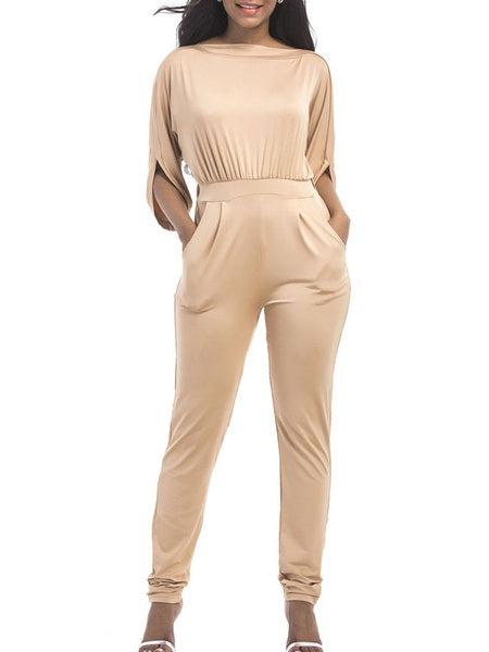 Jewel Neck Half Sleeves Cotton Blend Skinny Playsuit Mssza