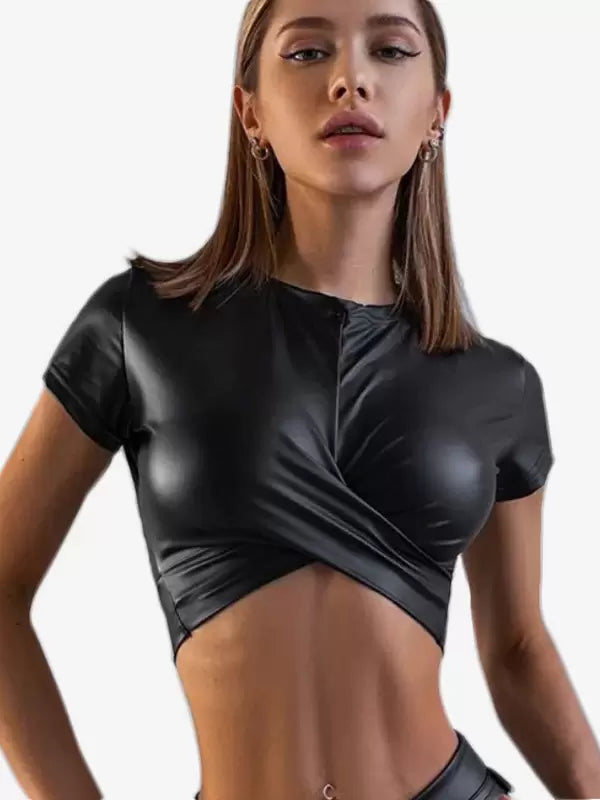 Jewel Neck Short Sleeves Polyester Layered Clubwear Crop Top Mssza