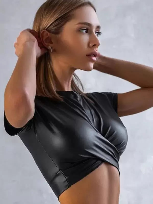 Jewel Neck Short Sleeves Polyester Layered Clubwear Crop Top Mssza