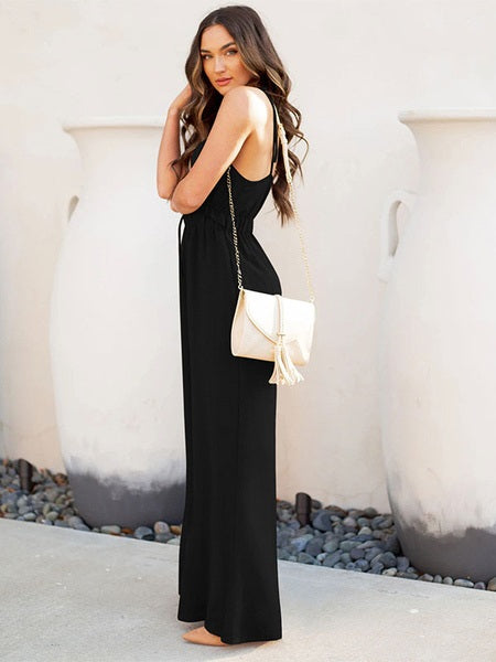 Jumpsuit For V-Neck Sleeveless Pleated Irregular Spaghetti Straps Polyester Straight  One Piece Outfit Mssza
