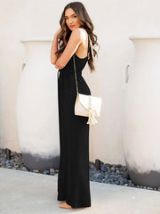 Jumpsuit For V-Neck Sleeveless Pleated Irregular Spaghetti Straps Polyester Straight  One Piece Outfit Mssza