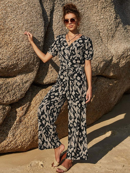 Jumpsuit V-Neck Short Sleeves Sash Drawstring Polyester Straight One Piece Outfit Mssza